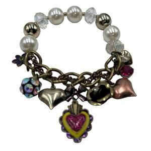 Betsey Johnson Half Stretch Faux Pearl Multicolor Heart Flower Charm Bracelet